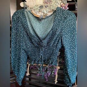 Shein Long Sleeve Plunged Elastic Band Polka Dot Cropped Blouse Tied